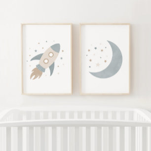 Blue Rocket Ship Moon Weltraum Kids Room Bilderwand Sets