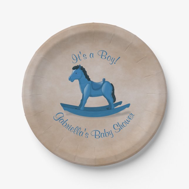Blue Rocking Horse Baby Dusche Pappteller (Vorderseite)