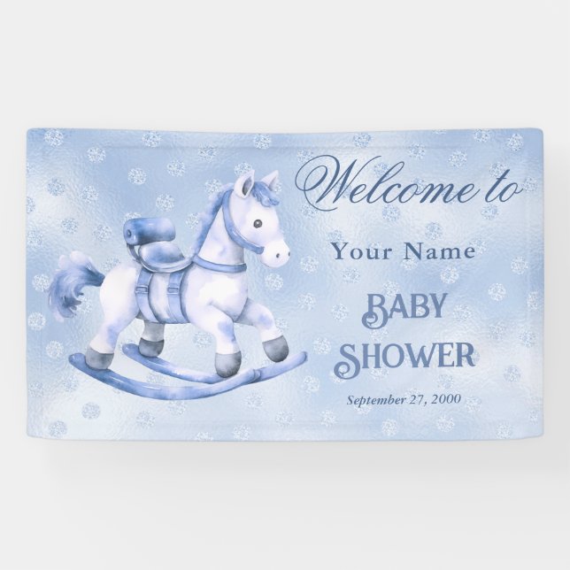 Blue Rocking Horse Baby Dusche Willkommen Banner (Horizontal)