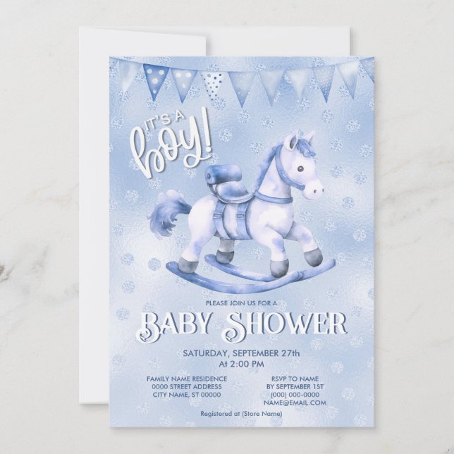 Blue Rocking Horse Baby Shower Einladung (Vorderseite)