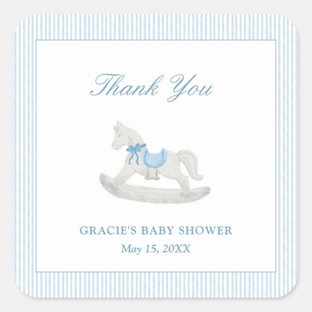 Blue Rocking Horse Boy Baby Dusche Vielen Dank für Quadratischer Aufkleber (Vorderseite)