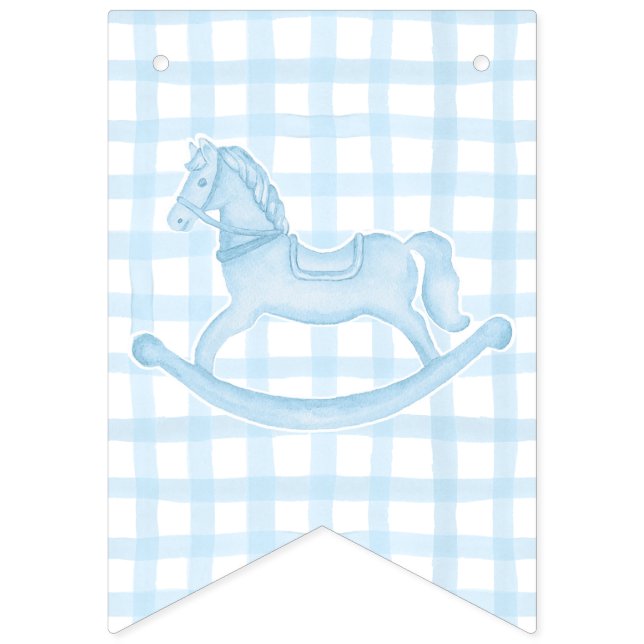Blue Rocking Horse Gingham Boy Baby Banner (Erste Fahne)