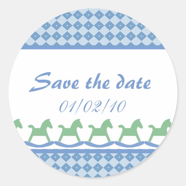 Blue Rocking Horse Save the Date Stickers (Vorderseite)