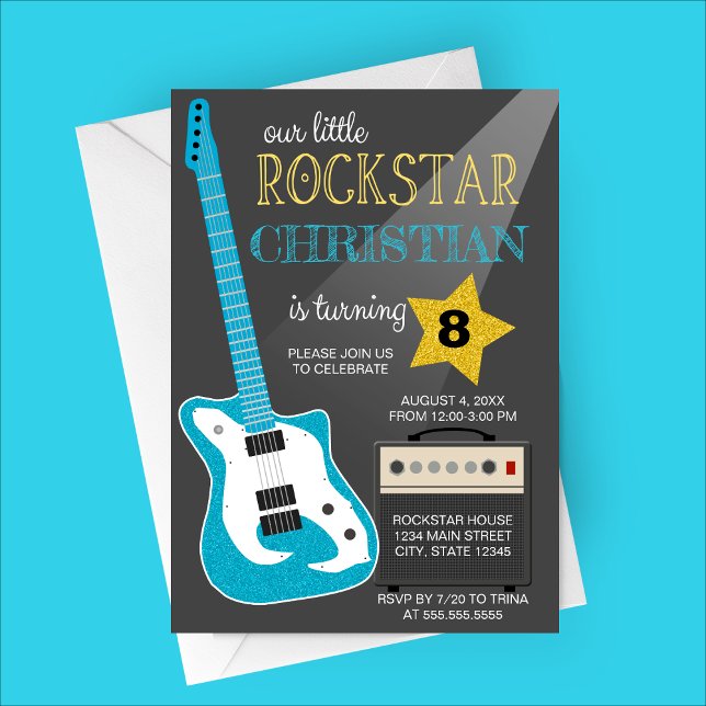 Blue Rockstar Birthday Party Einladung (Our Little Rockstar | Blue Guitar Birthday Party Invitation)