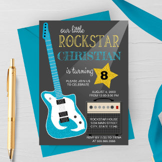 Blue Rockstar Birthday Party Einladung