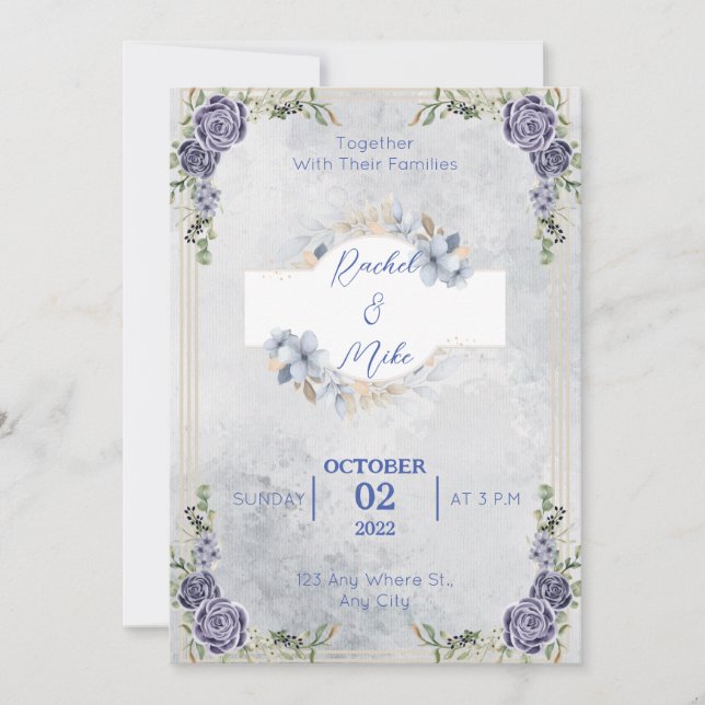 Blue Romantic Florals Hochzeitseinladung Einladung (Vorderseite)