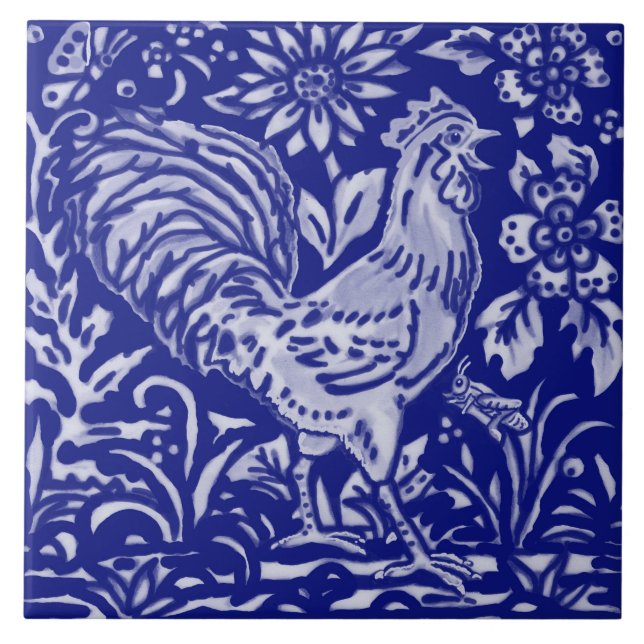 Blue Rooster Chicken Floral Bauernhof Rustikale Ku Fliese (Vorderseite)