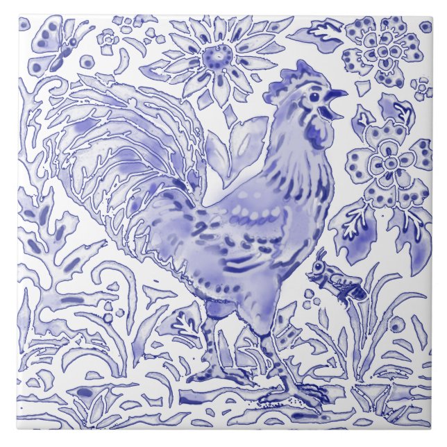 Blue Rooster Hühnerinsekt Bauernhof Rustikale Kuns Fliese (Vorderseite)