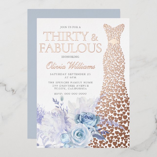 Blue Rose 30. Geburtstag Rose Gold Folieneinladung (Vorderseite/Rückseite)
