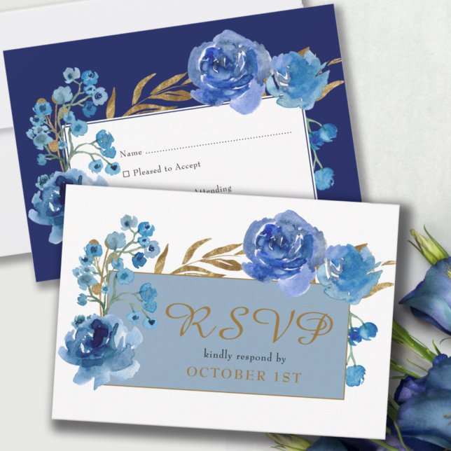 Blue Rose and Gold Leaf Quinceanera Response Card RSVP Karte (Von Creator hochgeladen)