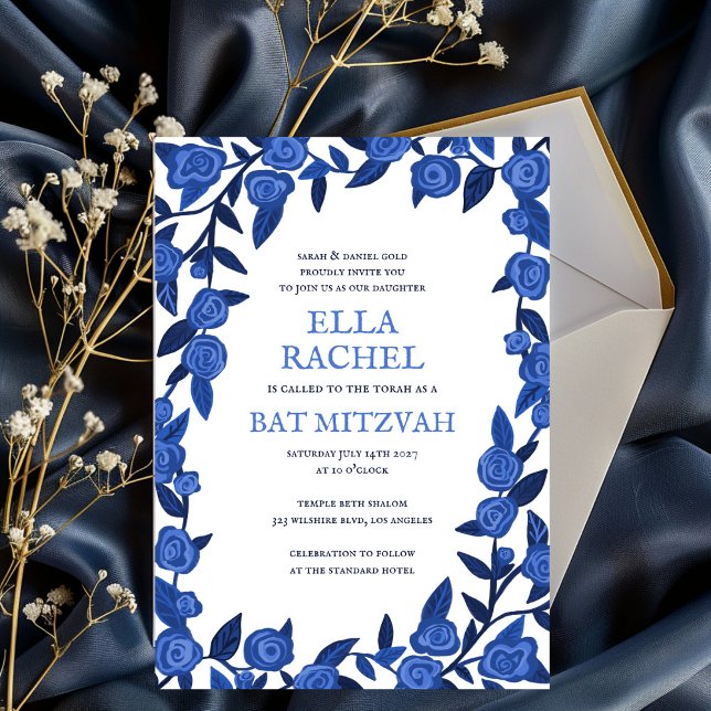 Blue Rose Bat Bar Mitzvah Modernes Girl Custom Einladung (Blue Roses Bat Bar Mitzvah Modern Girl Custom Invitation
)