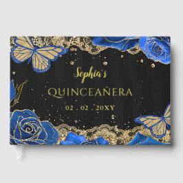 Blue Rose Black Gold Lace Butterfly Quinceañera Gästebuch
