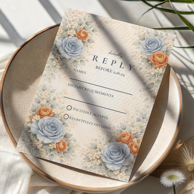 Blue Rose Botanical Wedding RSVP Karte (Von Creator hochgeladen)