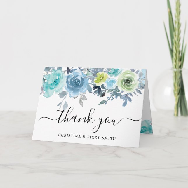 Blue Rose Bouquet Watercolor Blume Hochzeit Danke (Vorderseite)