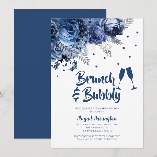 Blue Rose Brunch & Bubbly Bridal Dusche Einladung (Vorne/Hinten)