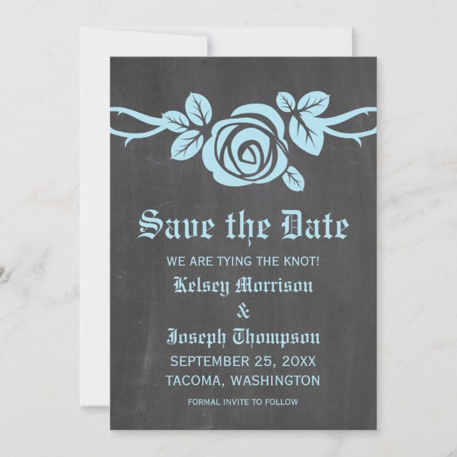 Blue Rose Chalkboard Save the Date einladen (Vorderseite)