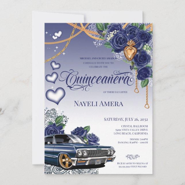 Blue Rose Classic Blue Lowrider Chola Quinceanera Einladung (Vorderseite)
