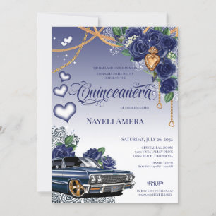 Blue Rose Classic Blue Lowrider Chola Quinceanera Einladung