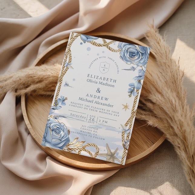 Blue Rose Coastal Rope Wedding Einladung (Von Creator hochgeladen)