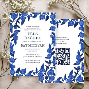 Blue Rose Custom Bat Bar Mitzvah QR Code Girl Einladung