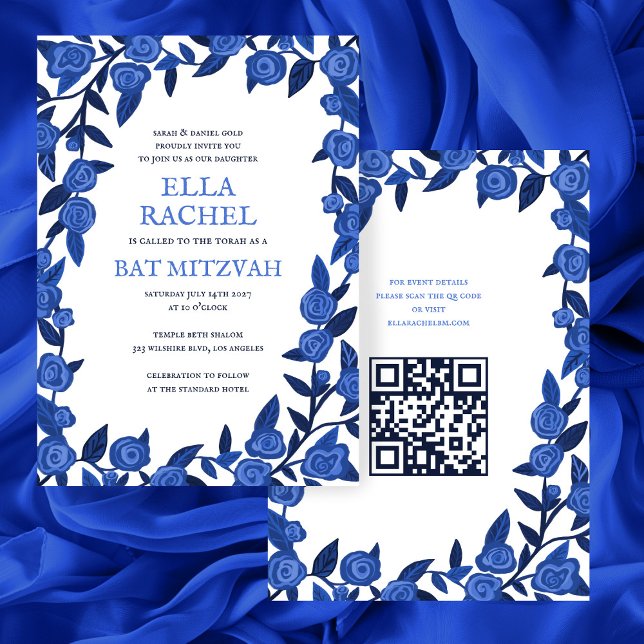 Blue Rose Custom Bat Bar Mitzvah QR Code Girl Einladung (Blue Roses Custom Bat Bar Mitzvah QR Code Girl Modern Invitation
)