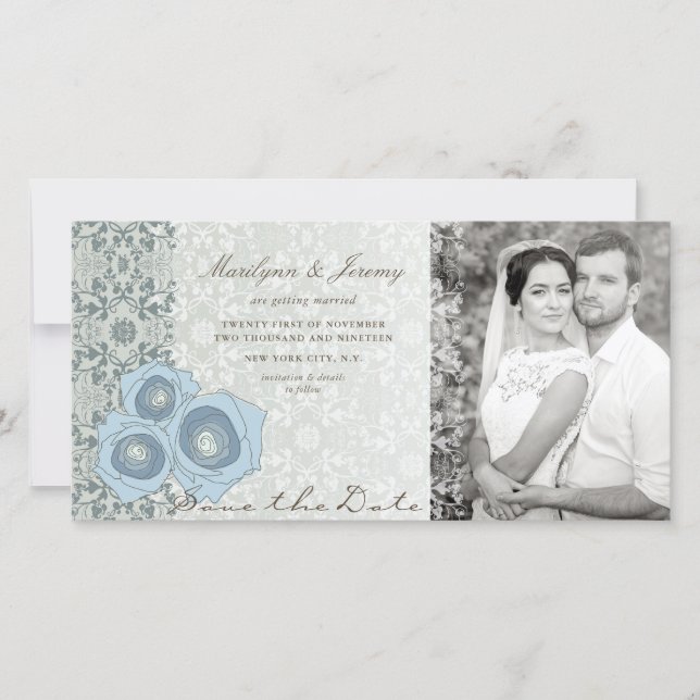 Blue Rose Damask Spitzen Elegantes schicke Hochzei Save The Date (Vorderseite)