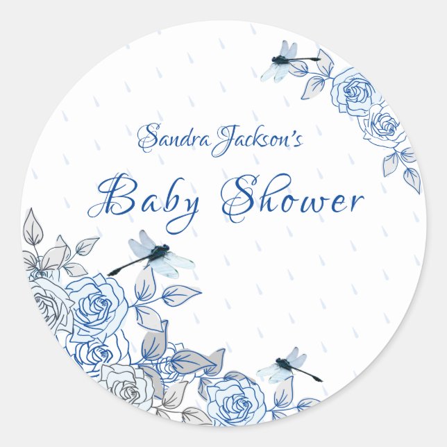 Blue Rose Dragonfly Boy Baby Dusche Runder Aufkleber (Vorderseite)