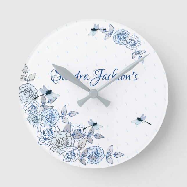 Blue Rose Dragonfly Boy Baby Duschgeschenk Runde Wanduhr (Vorderseite)