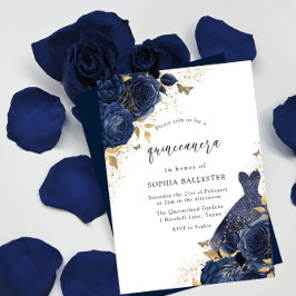 Blue Rose & Dress Gold Quinceanera Party Einladung
