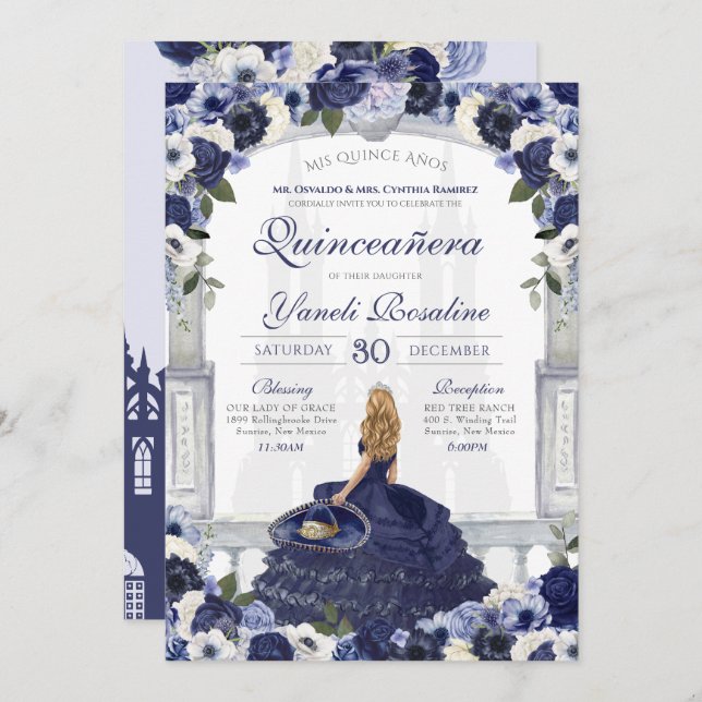 Blue Rose Elegante Charro Princess Quinceanera Einladung (Vorne/Hinten)