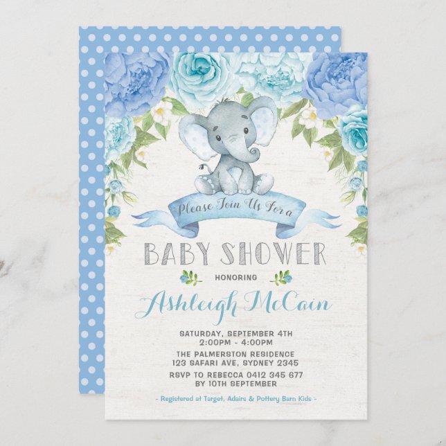 Blue Rose Elephant Baby Shower Jungle Einladung (Vorne/Hinten)