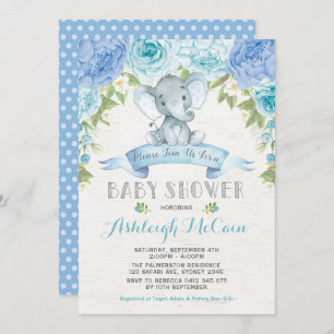 Blue Rose Elephant Baby Shower Jungle Einladung