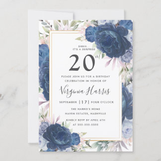 Blue Rose Floral 20. Geburtstag Einladung