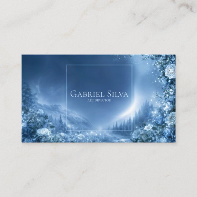 Blue Rose Floral and Snowy Mountain Night Frame Visitenkarte (Vorderseite)