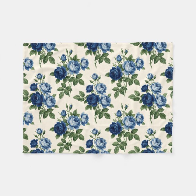 Blue Rose Floral Pattern Fleecedecke (Vorderseite (Horizontal))