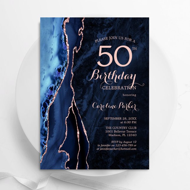 Blue Rose Gold Agate 50. Geburtstag Einladung (Von Creator hochgeladen)