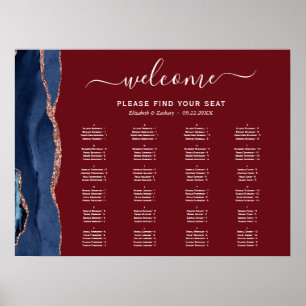 Blue Rose Gold Agate Burgundy Hochzeitssitze Poster