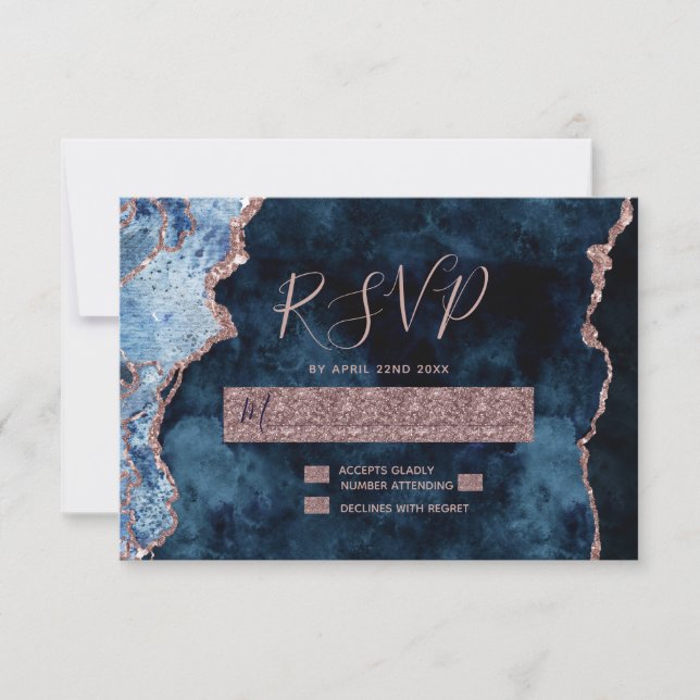 Blue Rose Gold Agate Hochzeit RSVP Response Karte (Vorderseite)