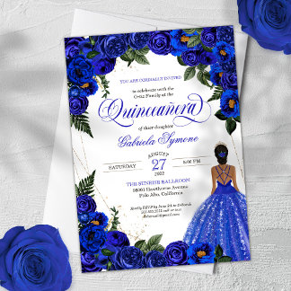 Blue Rose & Gold Extravagant Ball Goa Quinceanera Einladung