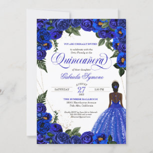 Blue Rose & Gold Extravagant Ball Gown Quinceanera Einladung