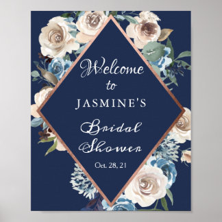 Blue Rose Gold Floral Brautparty Signature Poster