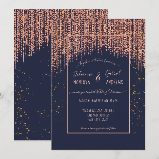 Blue Rose Gold Glitzer Blush Confetti Hochzeit Einladung (Vorne/Hinten)