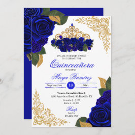 Blue Rose Gold Glitzer Frames Tiara Quinceañera Einladung