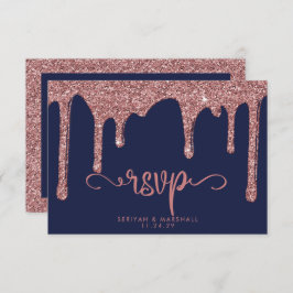 Blue Rose Gold Glitzer Sparkle Wedding RSVP Karte