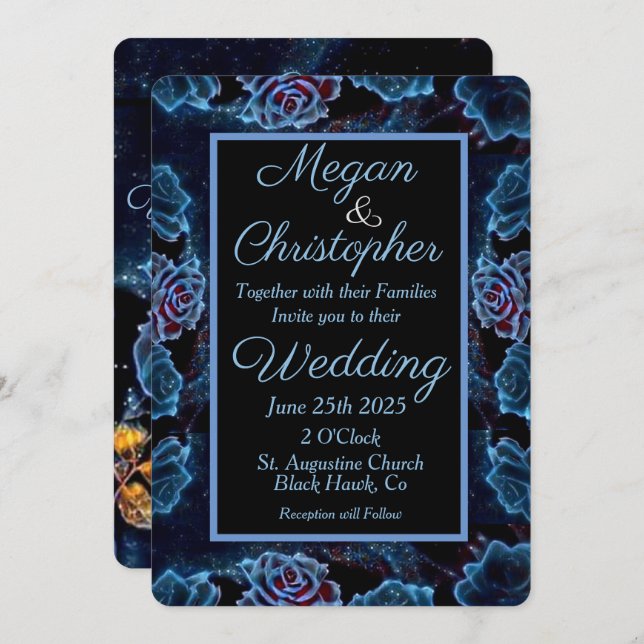 Blue Rose Gold Leaf Night Sky Wedding Einladung (Vorne/Hinten)