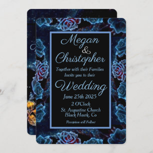 Blue Rose Gold Leaf Night Sky Wedding Einladung