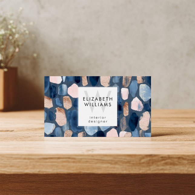 Blue Rose Gold Monogram Modern Business Card (Von Creator hochgeladen)