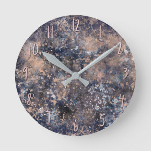 Blue & Rose Gold Paint Splatter Abstract Glamour Runde Wanduhr