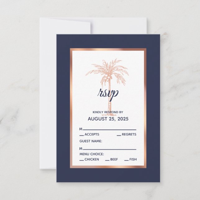 Blue Rose Gold Palm Tree Beach Hochzeit RSVP Karte (Vorderseite)