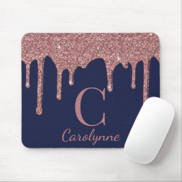 Blue Rose Gold Sparkle Glitzer Tropfen Monogram Mousepad